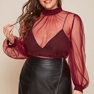 Plus Lantern Sleeve Sheer Mesh Top Without Bra